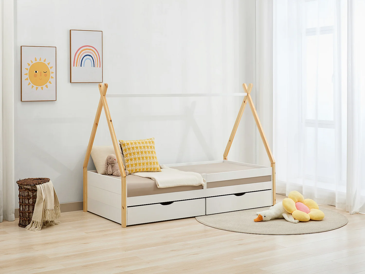 Lit tipi 90 x 190 cm avec tiroirs - Pin et MDF - Coloris : Blanc et naturel + Matelas - LUANCO