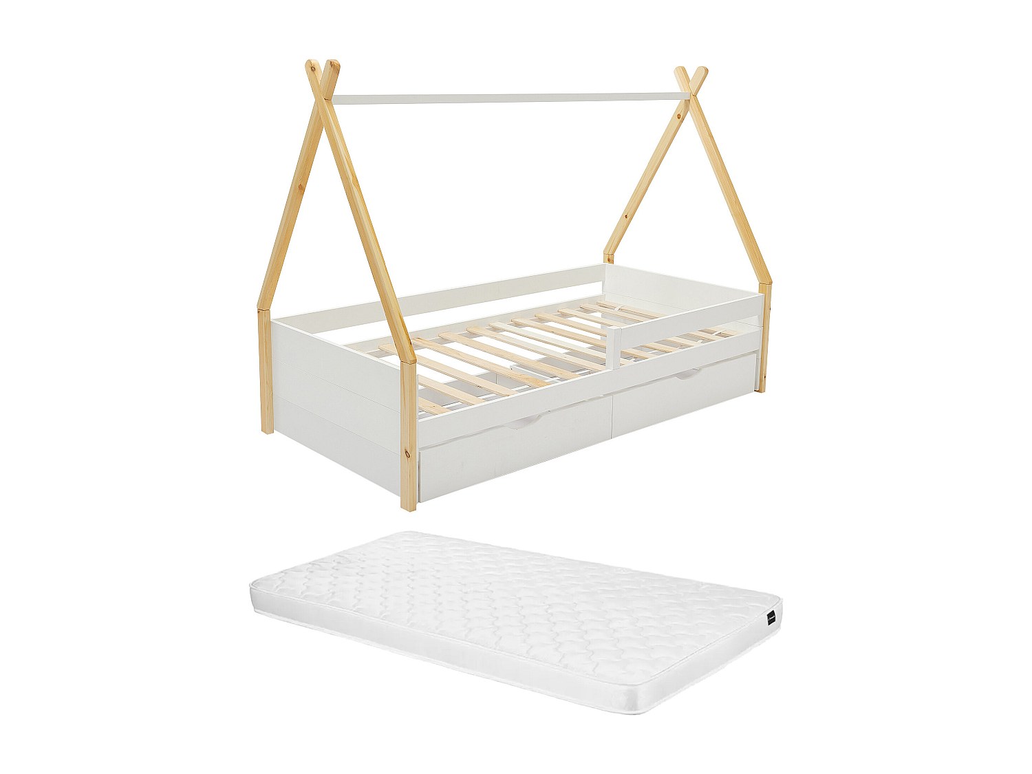 Kinderbett Tipi-Bett mit Schubladen + Matratze - 90 x 190 cm - Kiefer & MDF günstig online kaufen