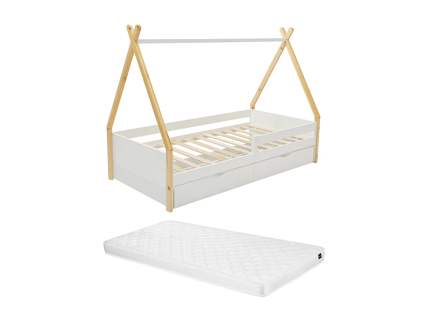 Lit tipi 90 x 190 cm avec tiroirs - Pin et MDF - Coloris : Blanc et naturel + Matelas - LUANCO