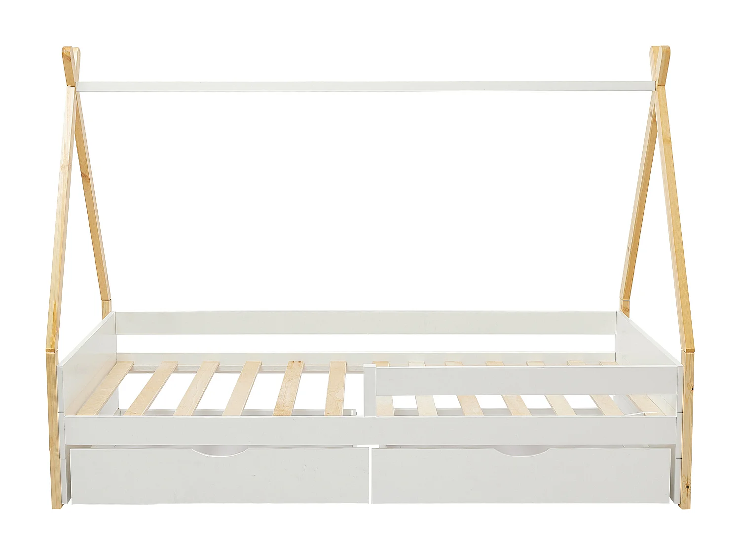 Lit tipi 90 x 190 cm avec tiroirs - Pin et MDF - Coloris : Blanc et naturel + Matelas - LUANCO