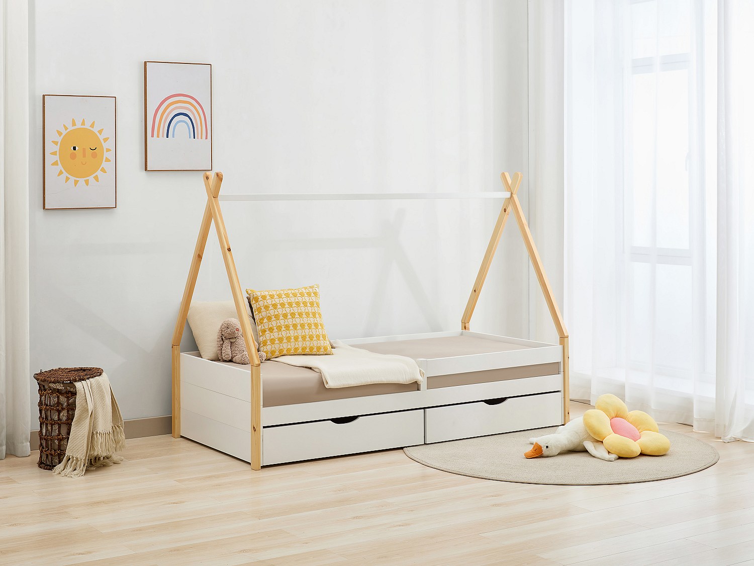 Kinderbett Tipi-Bett mit Schubladen + Matratze - 90 x 190 cm - Kiefer & MDF günstig online kaufen