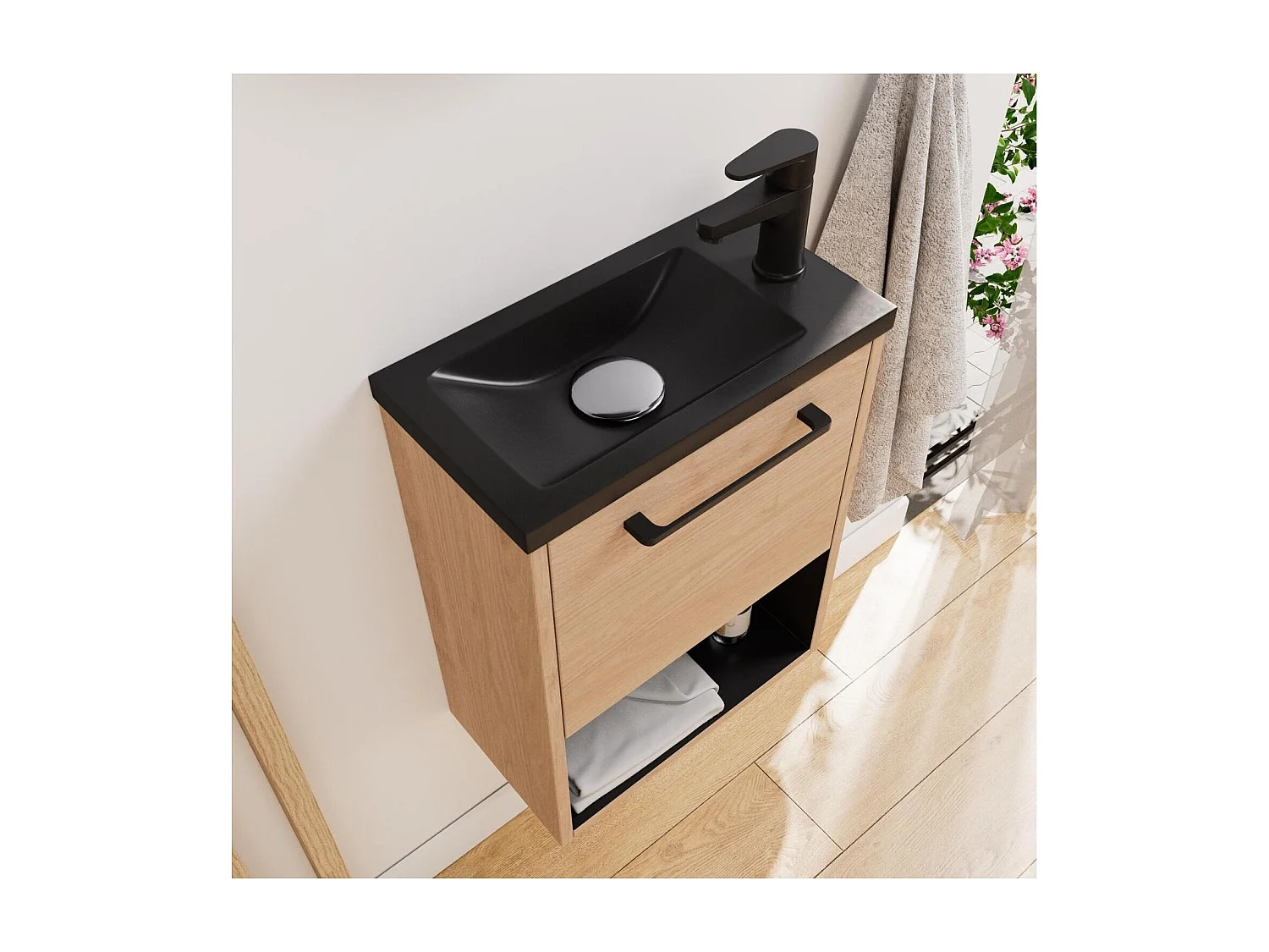 Ensemble lave-mains avec niche, robinet et miroir ovale