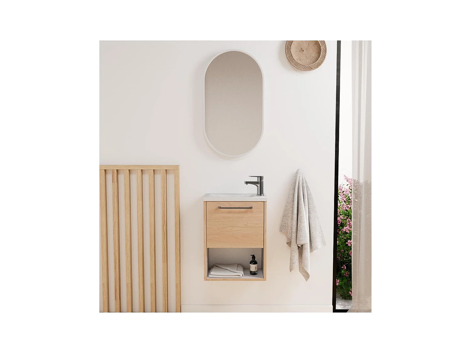 Ensemble lave-mains avec niche, robinet et miroir ovale
