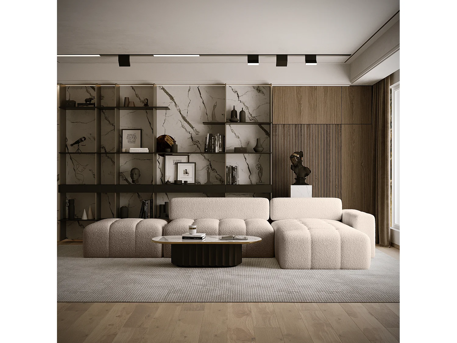 CANAPÉ D'ANGLE en tissu Bouclé 8 places Bornum La, Beige