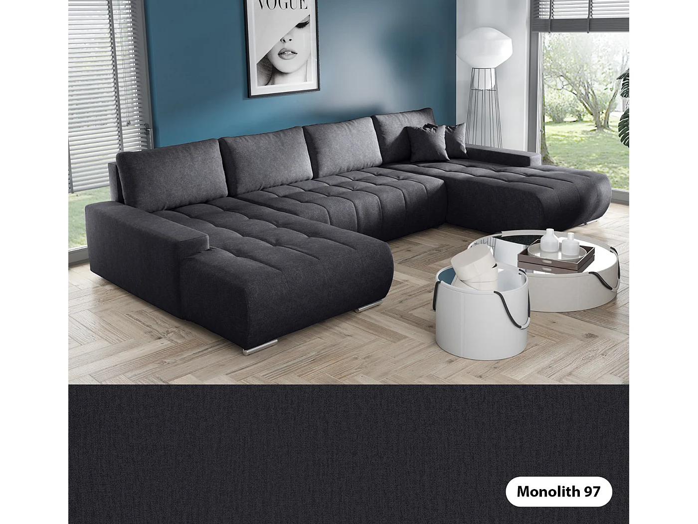 CANAPÉ PANORAMIQUE en tissu polyester Bonari U 8 places Gris foncé