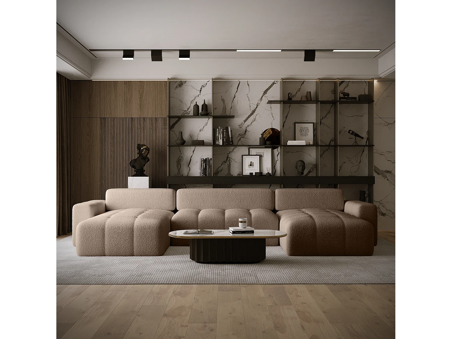 CANAPÉ PANORAMIQUE en tissu Bouclé 10 places Bornum U, Marron