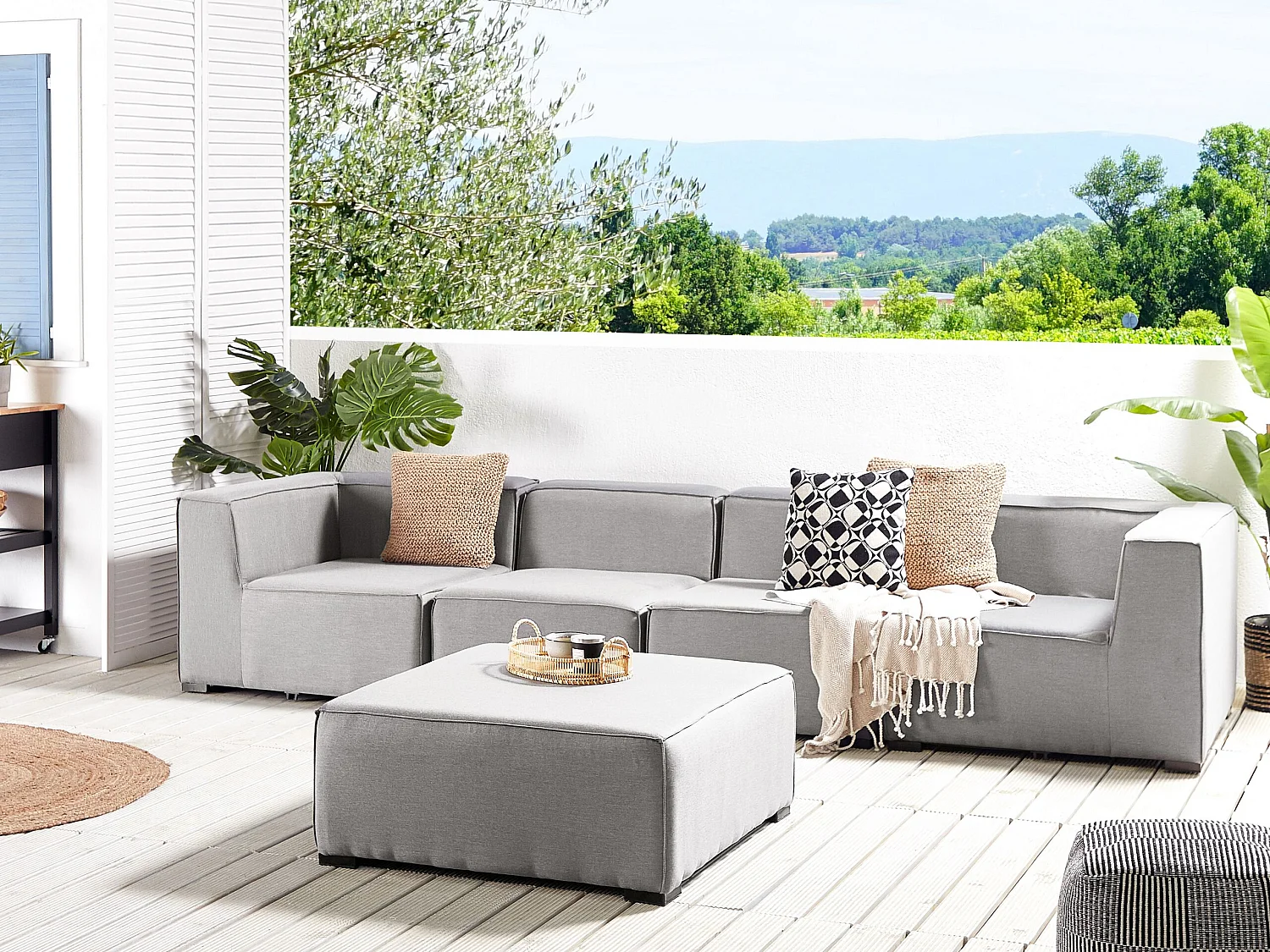 Divano da giardino con pouf 4 posti AREZZO Modulare Grigio chiaro