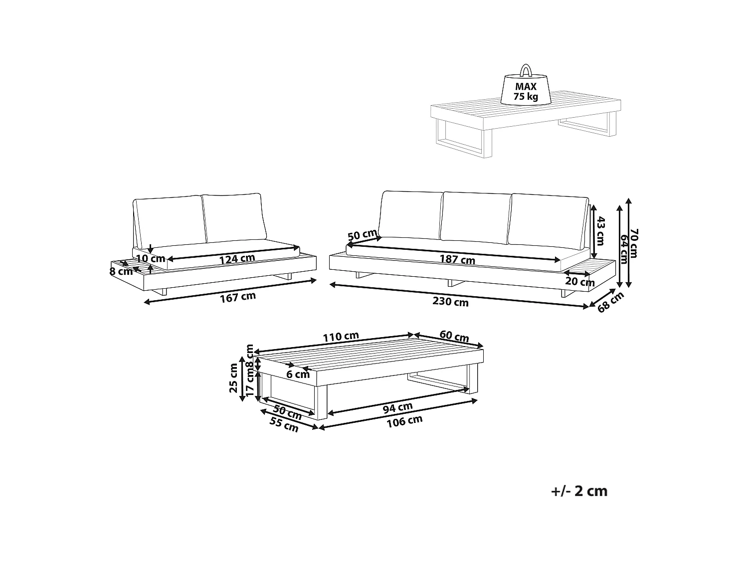 Lounge Set Akazienholz hellbraun 5-Sitzer Auflagen weiß mit Couchtisch Modern Marettimo