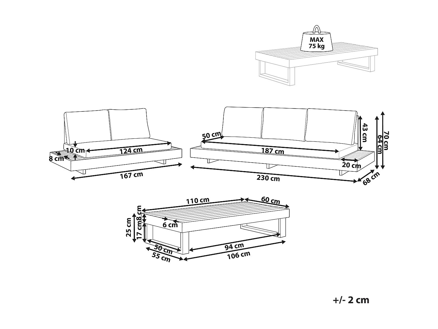 Lounge Set Akazienholz hellbraun 5-Sitzer Auflagen weiß mit Couchtisch Modern Marettimo