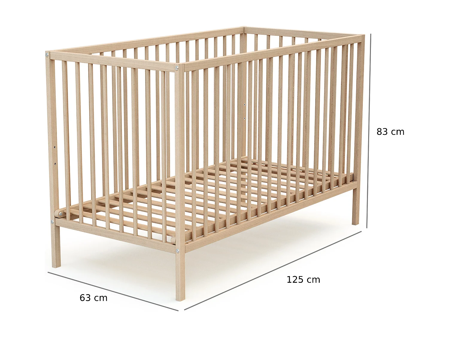 WEBABY - Lit bébé en bois - Hêtre brut - 60 x 120 cm