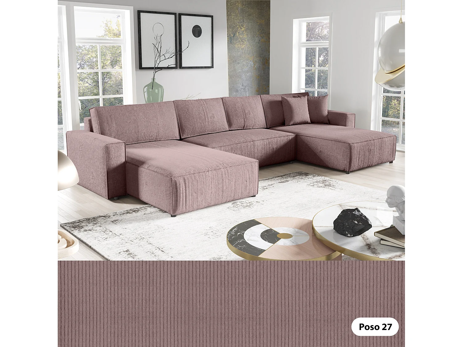 PANORAMASOFA aus Cordstoff Bento U Rosa