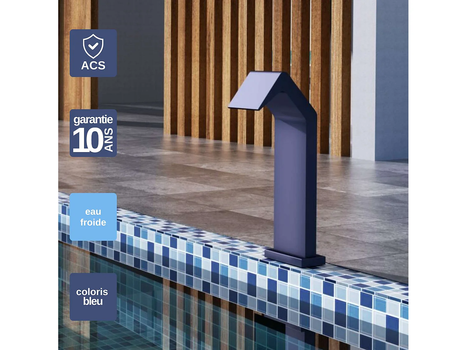 Cascade de piscine Niagara en Acier Inox.S316 Bleu Océan - Corps 150x55mm - H.54cm - Garantie 10 ans - POOL IMEX