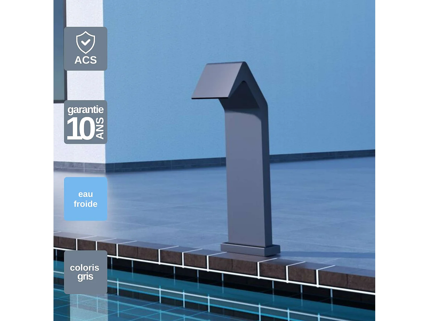 Cascade de piscine Niagara en Acier Inox.S316 Gris Cobalt - Corps 150x55mm - H.54cm - Garantie 10 ans - POOL IMEX