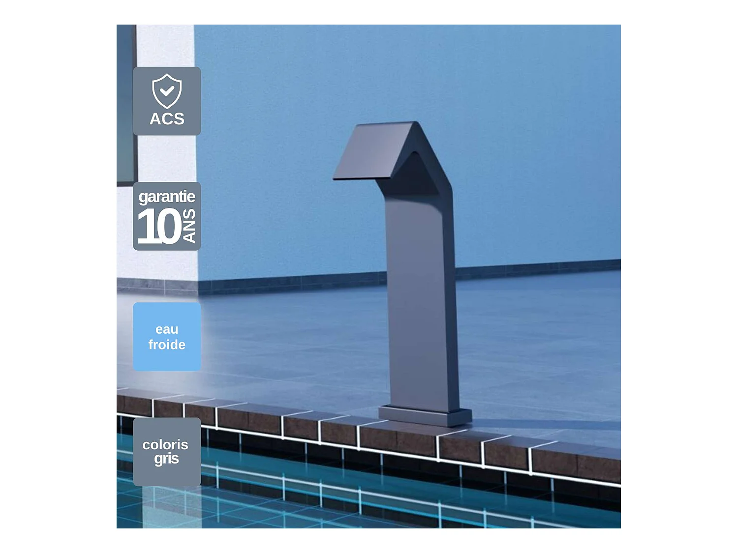 Cascade de piscine Niagara en Acier Inox.S316 Gris Cobalt - Corps 150x55mm - H.54cm - Garantie 10 ans - POOL IMEX