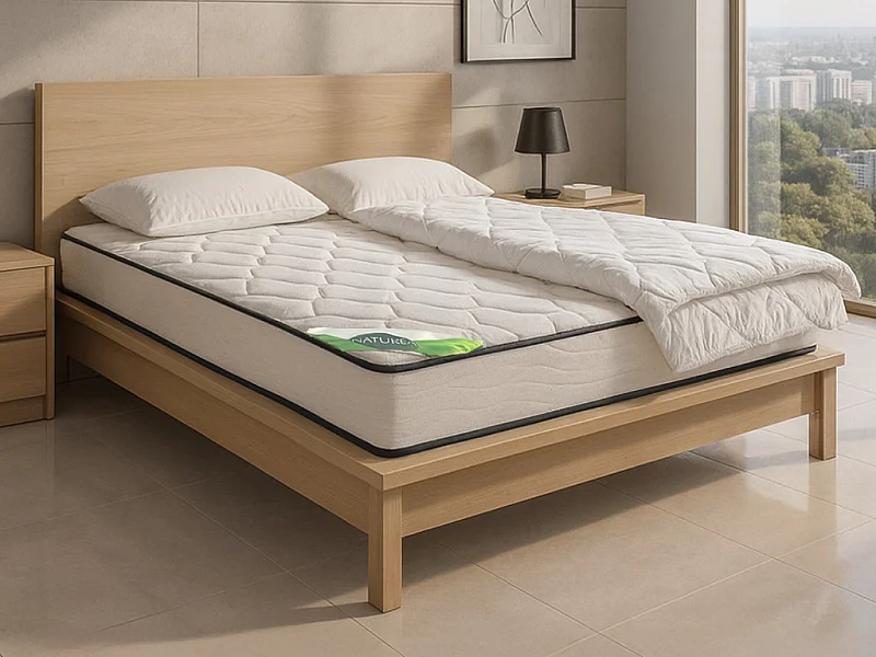 Bett-Set mit Schaumstoffmatratze, Bambus-Bezug, Bettdecke + 2 Kissen - 140 x 190 cm - 15 cm hoch - KANANI von NATUREA