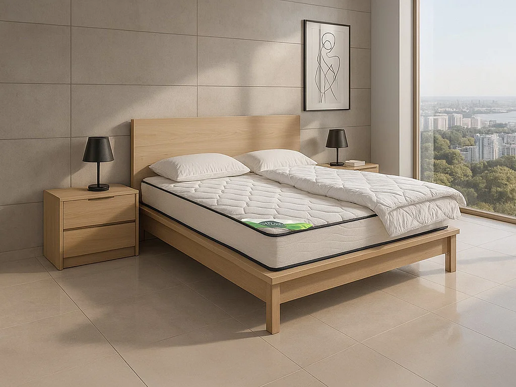 Pack literie 160 x 200 cm matelas mousse et coutil bambou ép.15cm + couette + 2 oreillers  - KANANI de NATUREA