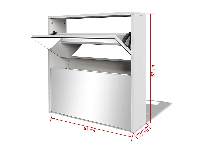 Schuhschrank mit 2 Fächern Spiegel Weiß 63x17x67 cm