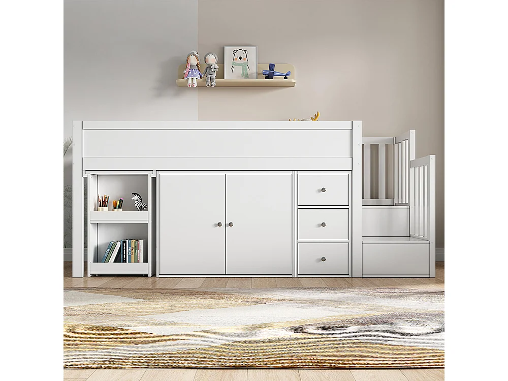 Beliche infantil 90 * 200, com mesa expansível, guarda-roupa, gavetas, escadas, placa de fibra de densidade média, branco