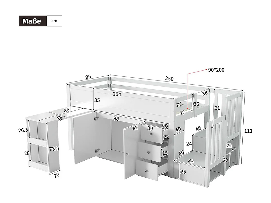 Beliche infantil 90 * 200, com mesa expansível, guarda-roupa, gavetas, escadas, placa de fibra de densidade média, branco