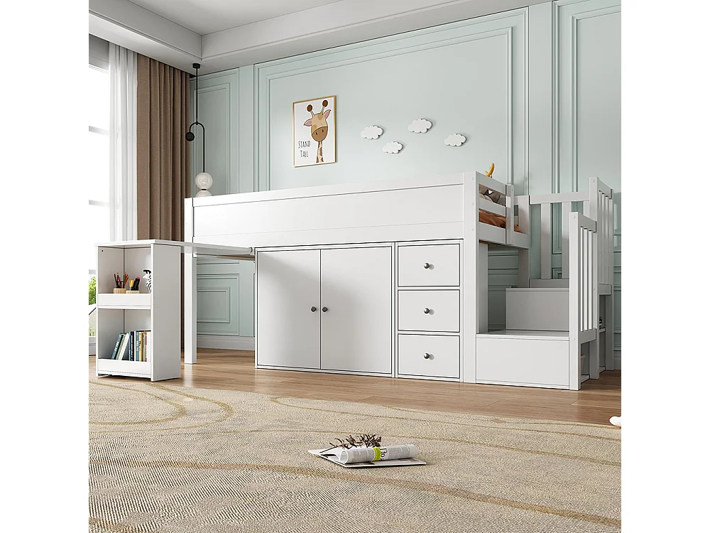Beliche infantil 90 * 200, com mesa expansível, guarda-roupa, gavetas, escadas, placa de fibra de densidade média, branco