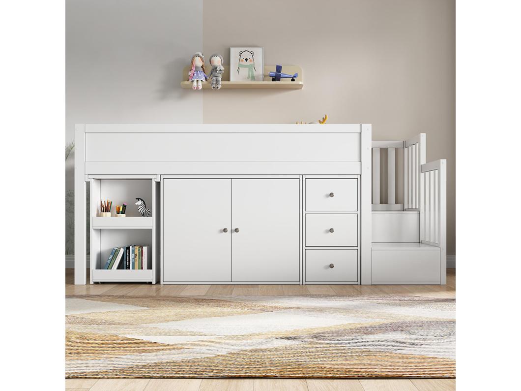Kinder-Etagenbett 90.200, mit ausziehbarem Schreibtisch, Kleiderschrank, Schubladen, Treppe, mitteldichte Faserplatte, weiß