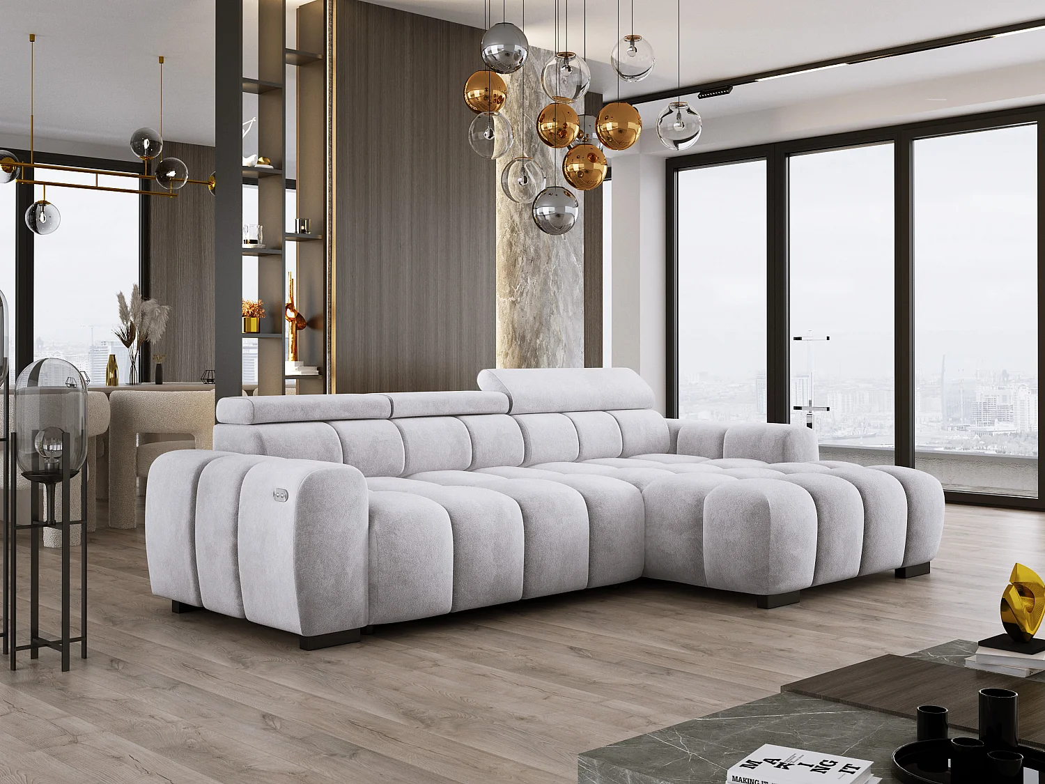 Hoekbank OMBO 285x168x77/97 cm, Rechterkant, Slaapfunctie, Elektrisch Uitschuifbaar Zitvlak, Verstelbare Hoofdsteunen, Essenhout SALVADOR-stof