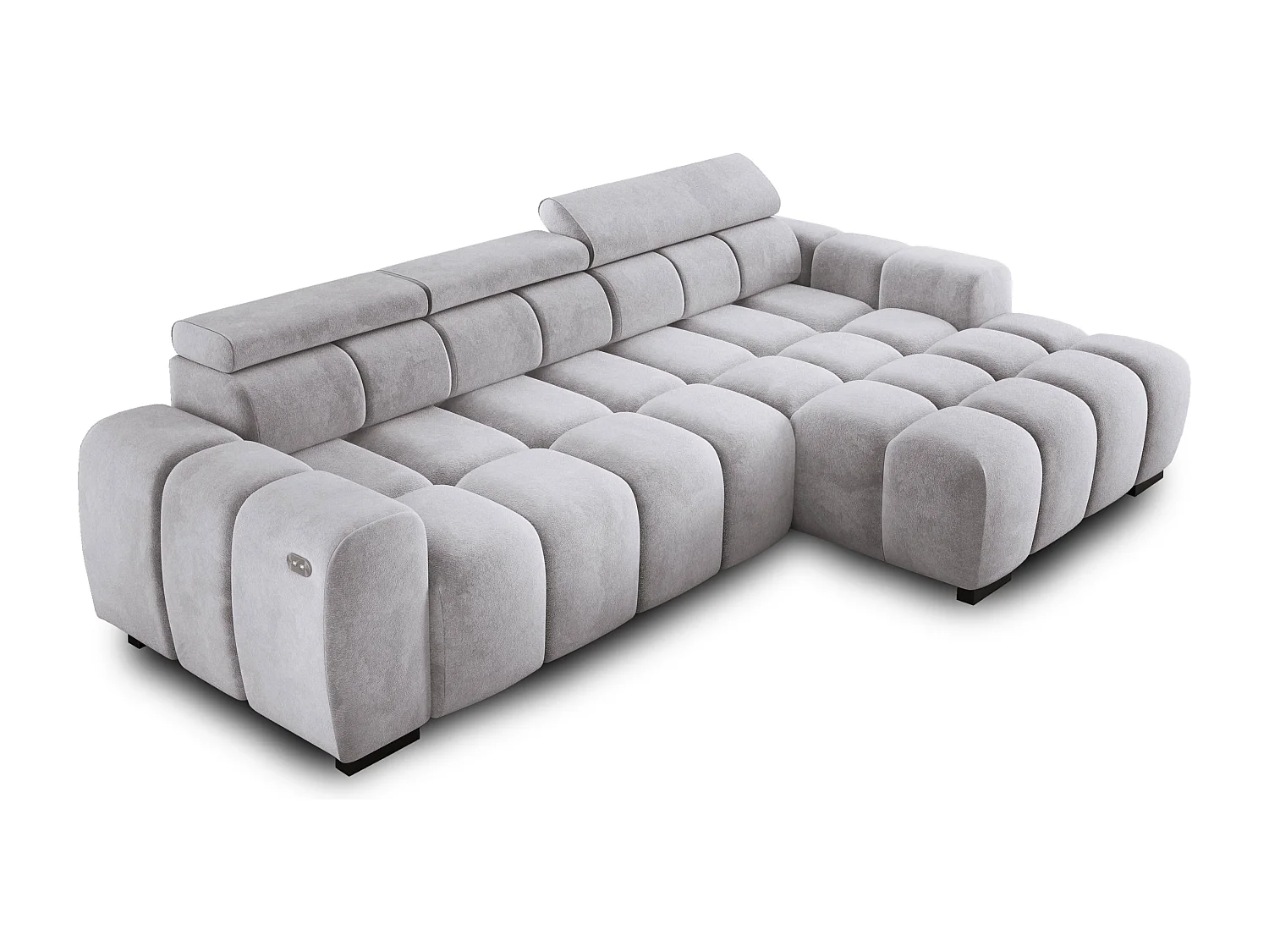 Hoekbank OMBO 285x168x77/97 cm, Rechterkant, Slaapfunctie, Elektrisch Uitschuifbaar Zitvlak, Verstelbare Hoofdsteunen, Essenhout SALVADOR-stof