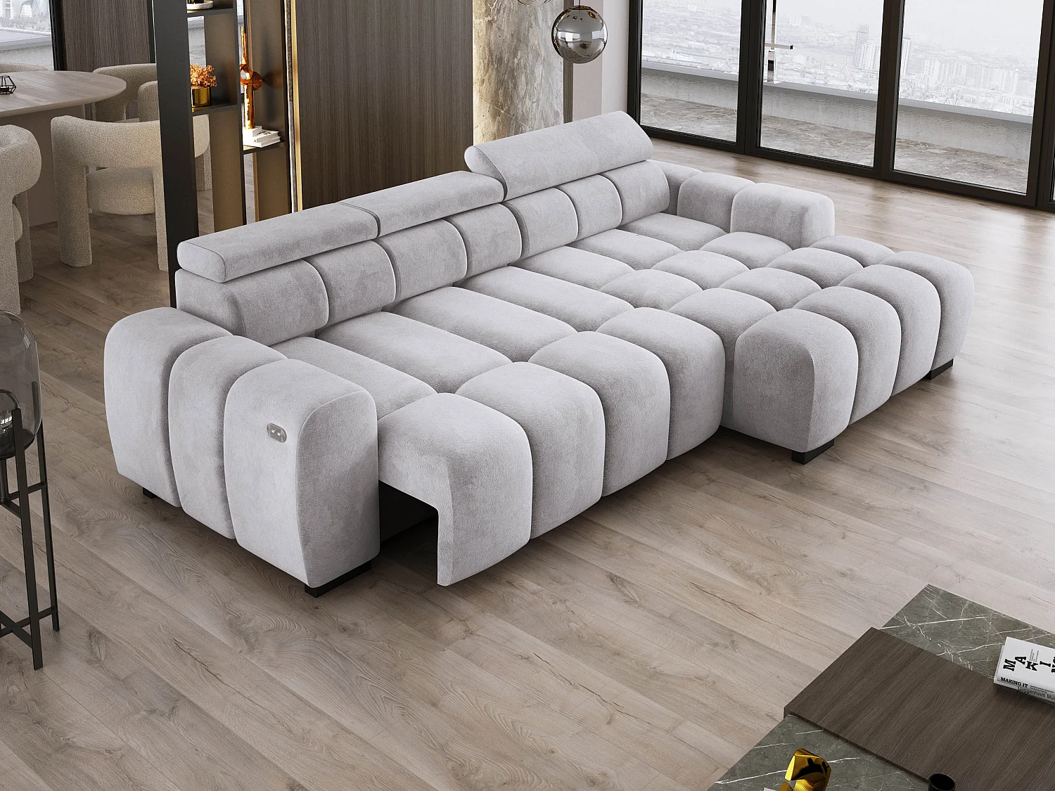 Hoekbank OMBO 285x168x77/97 cm, Rechterkant, Slaapfunctie, Elektrisch Uitschuifbaar Zitvlak, Verstelbare Hoofdsteunen, Essenhout SALVADOR-stof