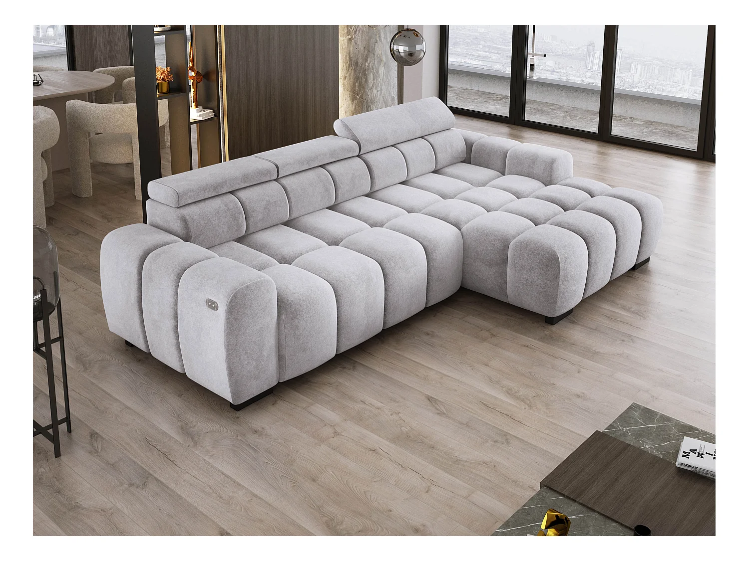 Hoekbank OMBO 285x168x77/97 cm, Rechterkant, Slaapfunctie, Elektrisch Uitschuifbaar Zitvlak, Verstelbare Hoofdsteunen, Essenhout SALVADOR-stof