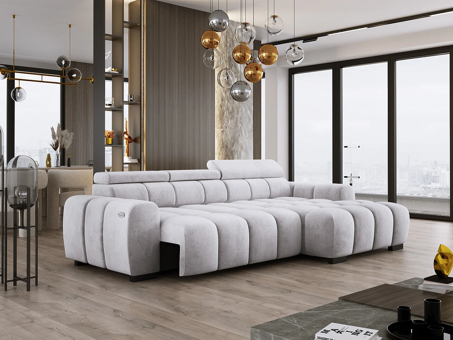 Narożnik OMBO 285x168x77/97 cm, Prawy, Spanie, elektr. siedzisko, zagłówki, ciemna bukowa noga, hydrofobowy materiał SALVADOR – Jesionowy