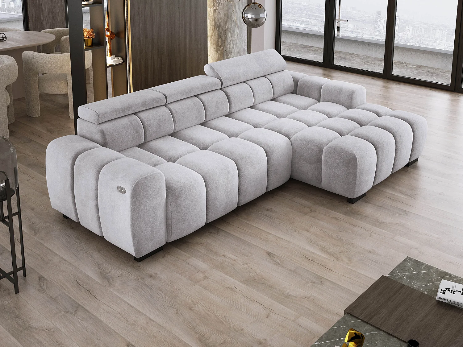 Narożnik OMBO 285x168x77/97 cm, Prawy, Spanie, elektr. siedzisko, zagłówki, ciemna bukowa noga, hydrofobowy materiał SALVADOR – Jesionowy