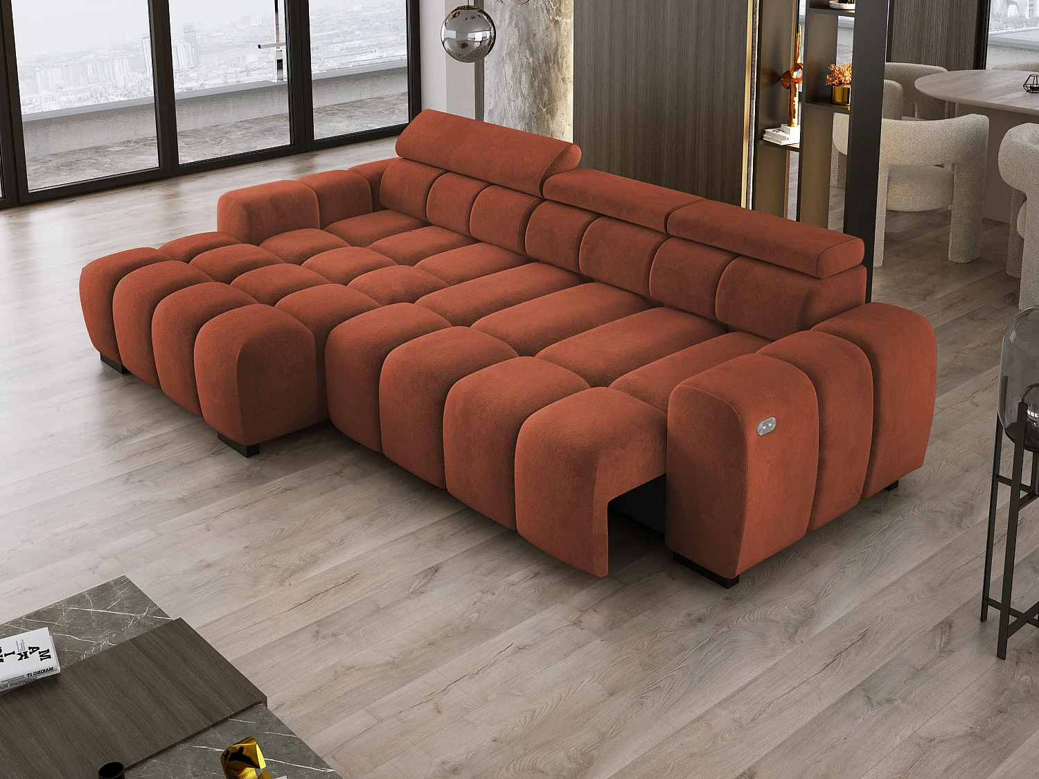 Ecksofa OMBO 285x168x77/97 cm, Links, Schlaffunktion, elektr. Sitz, Kopfstützen, Buche dunkel, hydrophober SALVADOR-Stoff – Dunkelblau