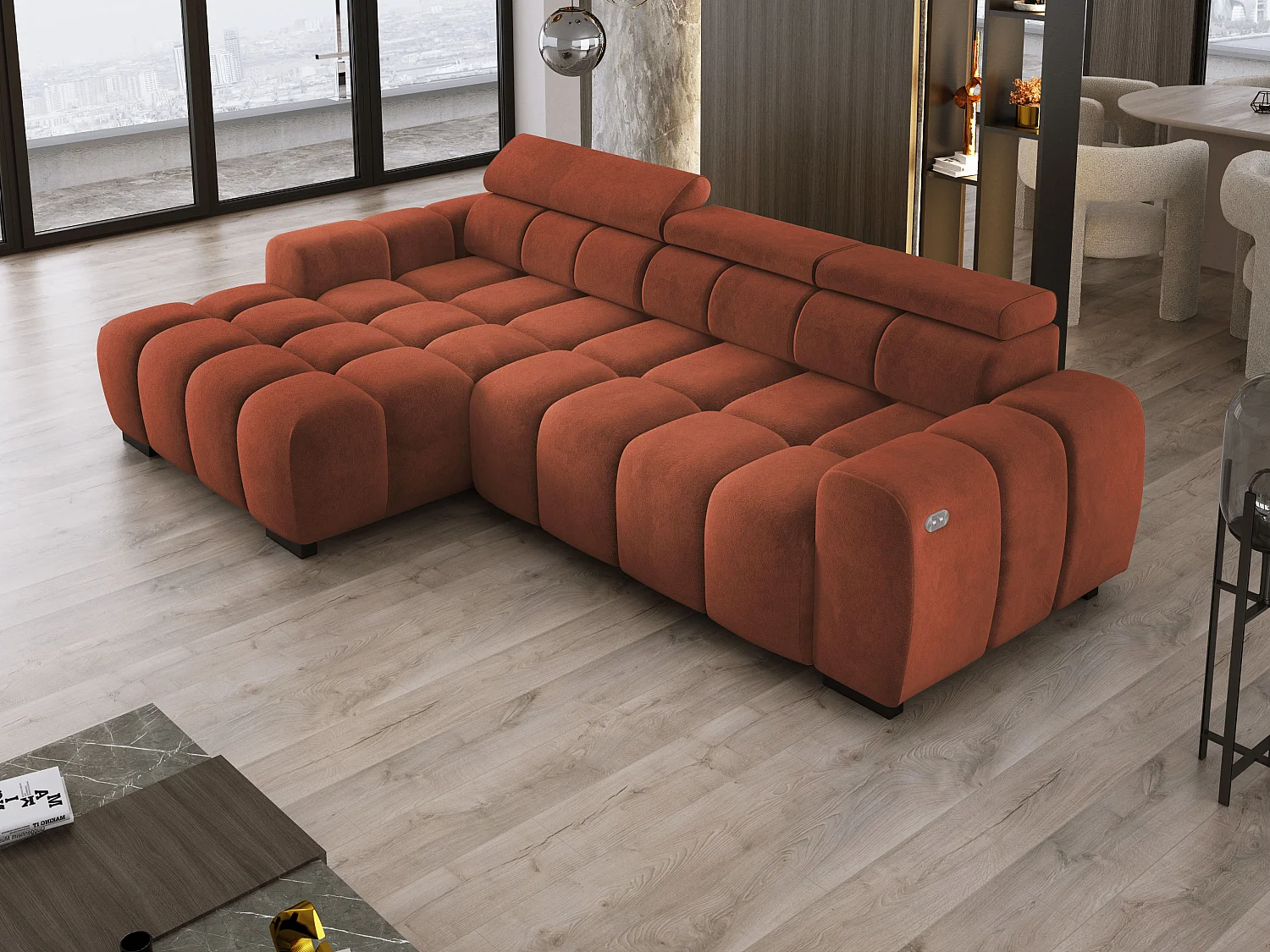 Ecksofa OMBO 285x168x77/97 cm, Links, Schlaffunktion, elektr. Sitz, Kopfstützen, Buche dunkel, hydrophober SALVADOR-Stoff – Dunkelblau