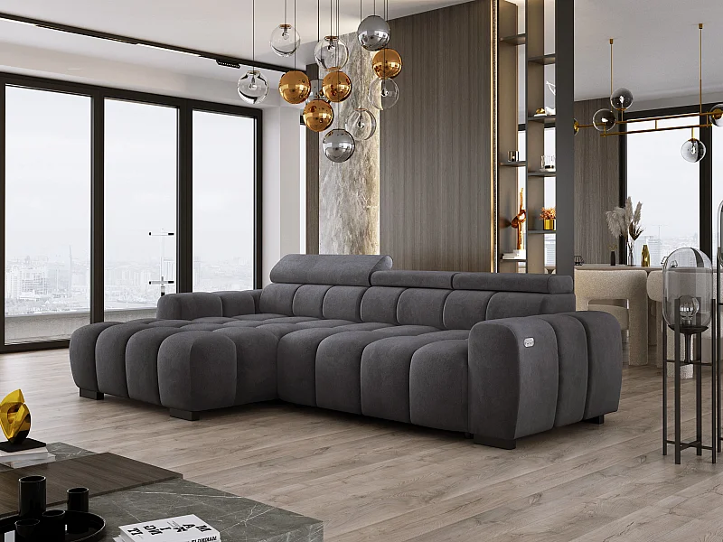 Canapé d'angle OMBO 285x168x77/97 cm, gauche, convertible, siège électr., appuie-têtes, hêtre foncé, tissu hydrophobe SALVADOR – Noir