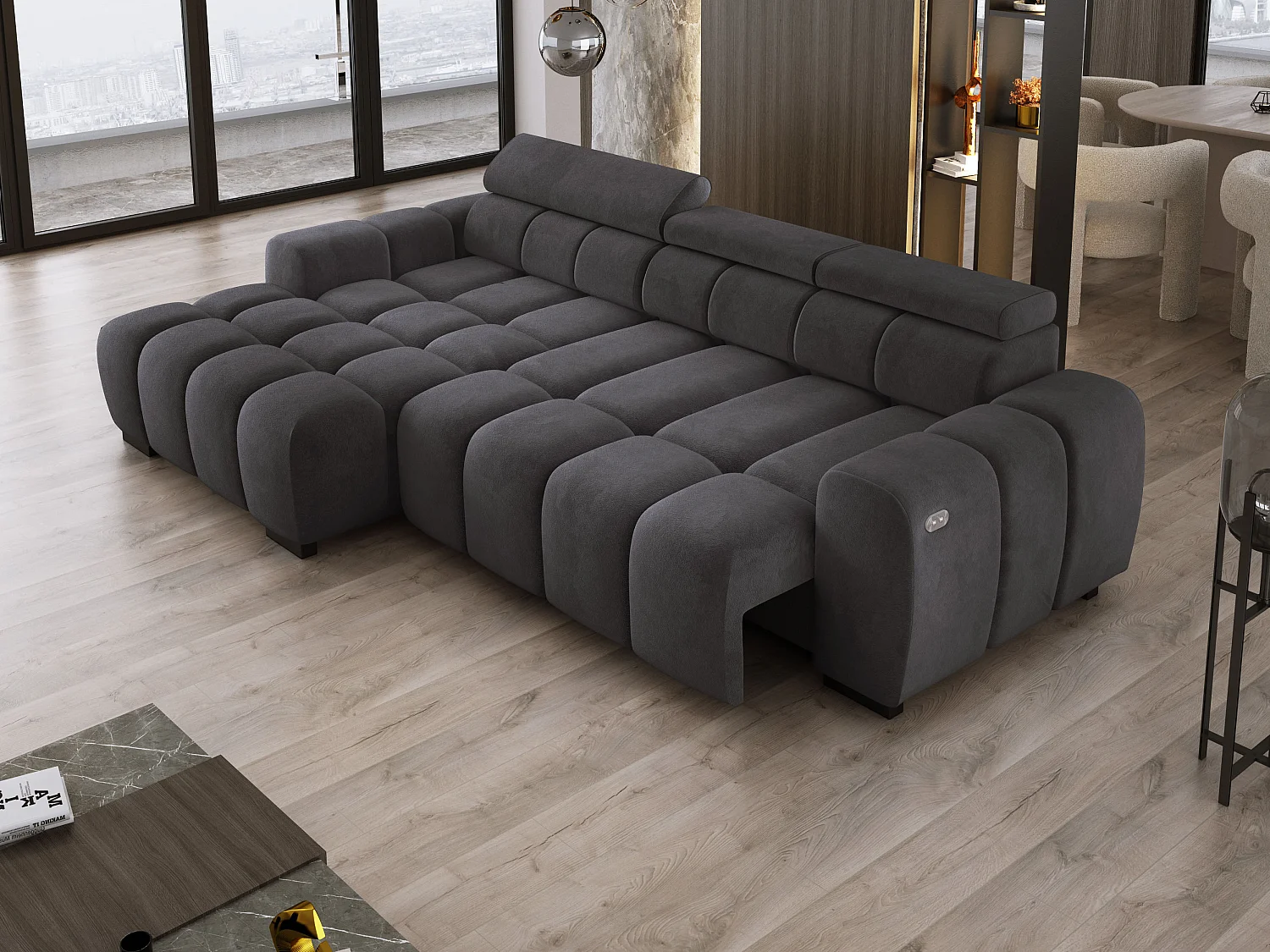 Ecksofa OMBO 285x168x77/97 cm, Links, Schlaffunktion, elektr. Sitz, Kopfstützen, Buche dunkel, hydrophober SALVADOR-Stoff – Schwarz