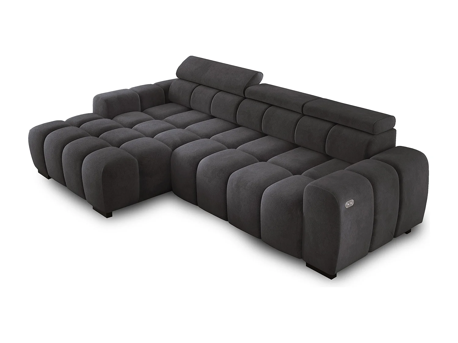 Ecksofa OMBO 285x168x77/97 cm, Links, Schlaffunktion, elektr. Sitz, Kopfstützen, Buche dunkel, hydrophober SALVADOR-Stoff – Schwarz