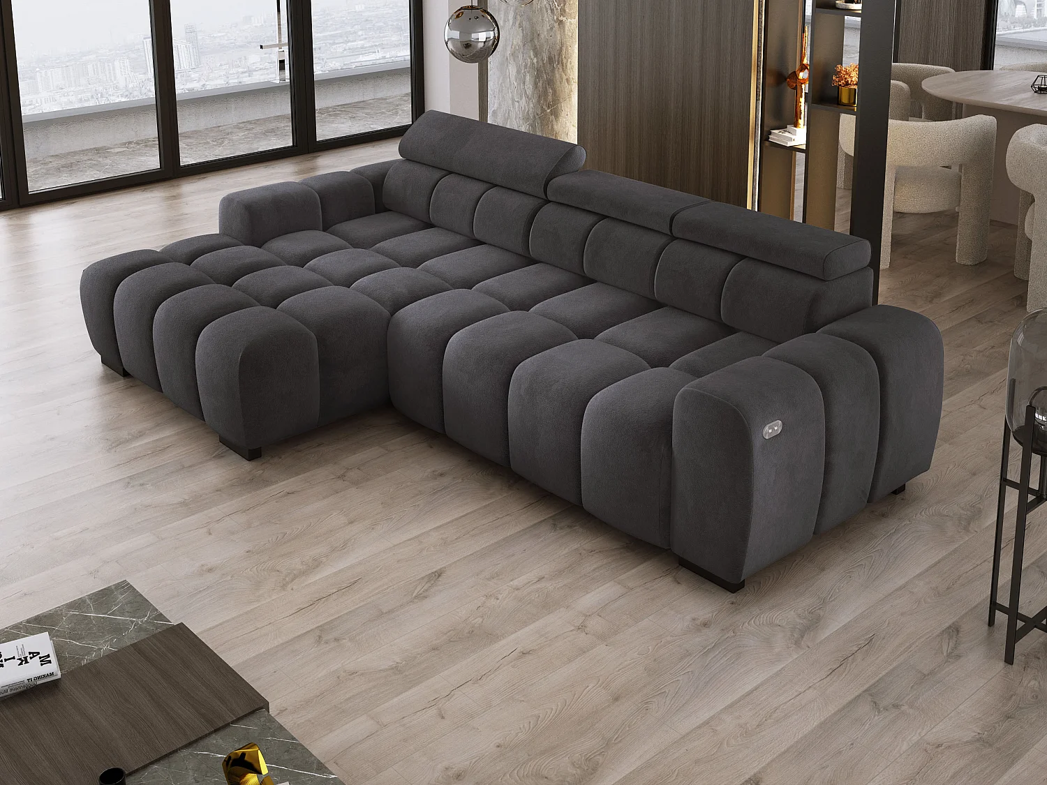 Ecksofa OMBO 285x168x77/97 cm, Links, Schlaffunktion, elektr. Sitz, Kopfstützen, Buche dunkel, hydrophober SALVADOR-Stoff – Schwarz