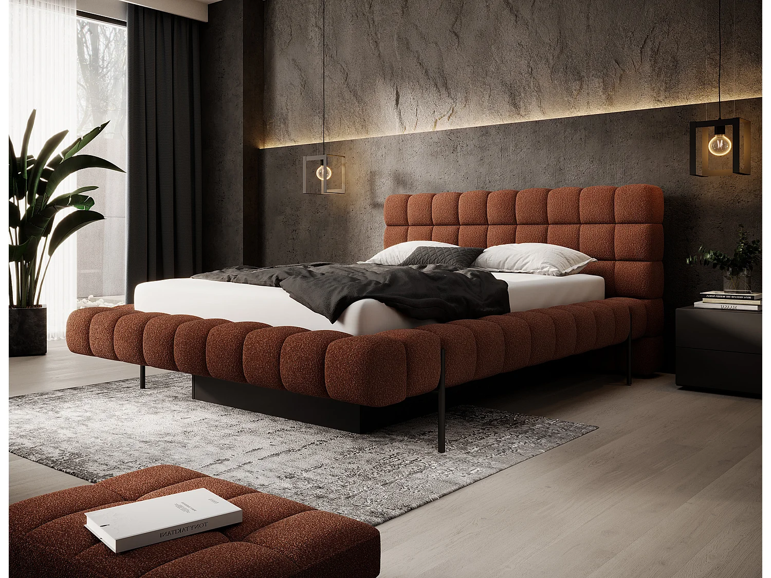 Bed met Kopa prestige opbergbox – Gewatteerde stoffen bekleding-Kleur Tomette rood-Slapen 160x200cm