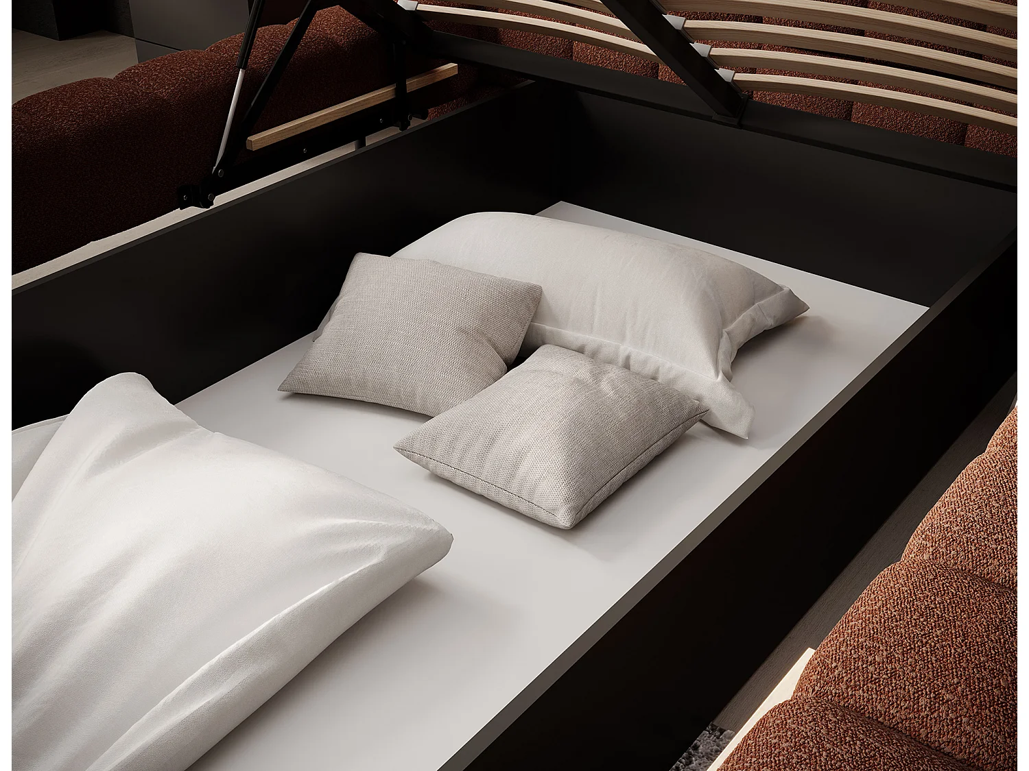 Bed met Kopa prestige opbergbox – Gewatteerde stoffen bekleding-Kleur Tomette rood-Slapen 160x200cm