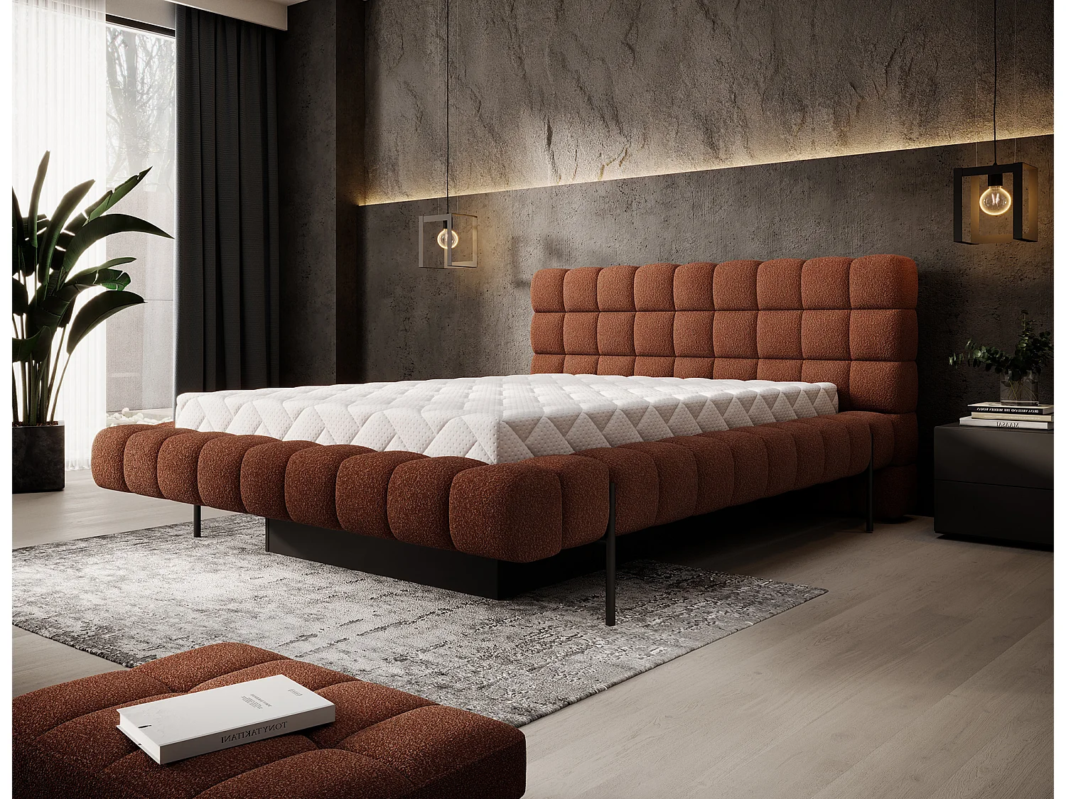 Lit avec coffre de rangement Kopa prestige – Revêtement tissu capitonné-Rouge tomette-160x200