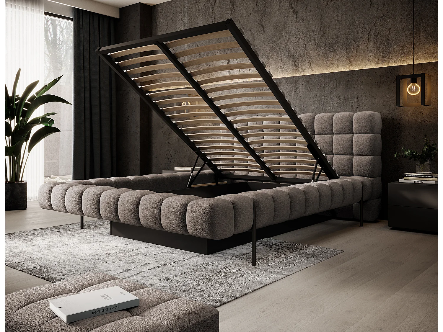 Lit avec coffre de rangement Kopa prestige – Revêtement tissu capitonné-Marron-160x200