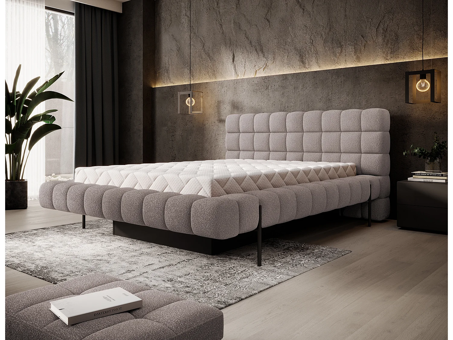 Bed met Kopa prestige opbergbox – Gewatteerde stoffen bekleding-Kleur Taupe grijs-Slapen 160x200cm