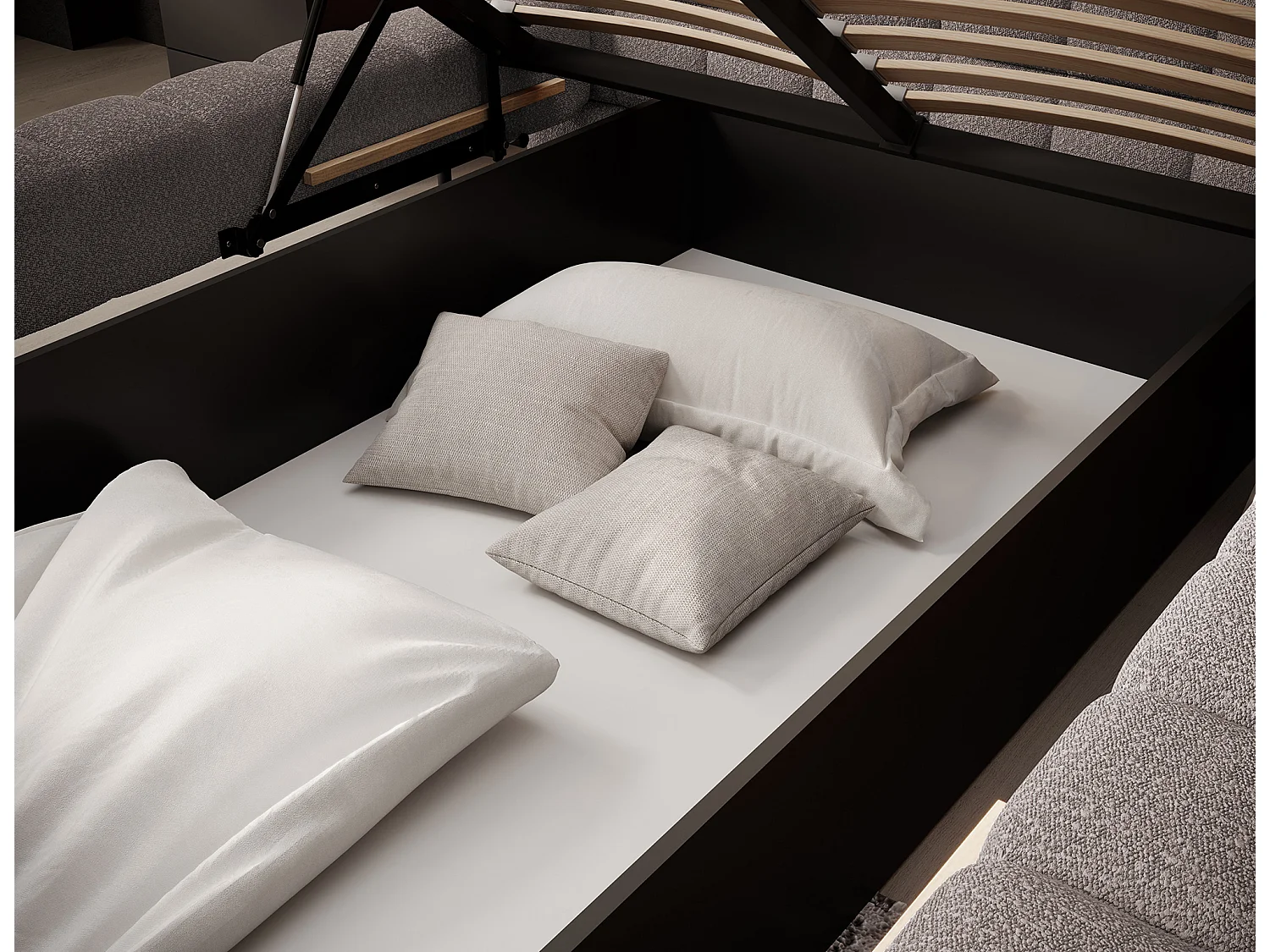 Lit avec coffre de rangement Kopa prestige – Revêtement tissu capitonné-Gris taupe-180x200