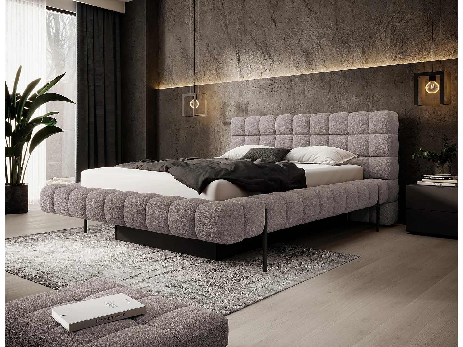 Lit avec coffre de rangement Kopa prestige – Revêtement tissu capitonné-Gris taupe-180x200