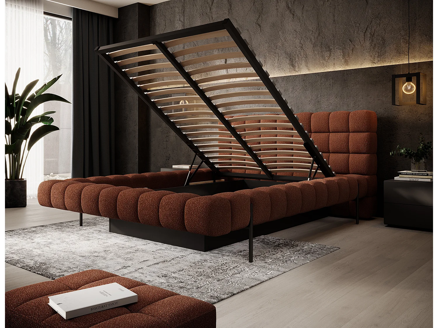 Bed met Kopa prestige opbergbox – Gewatteerde stoffen bekleding-Kleur Tomette rood-Slapen 180x200cm