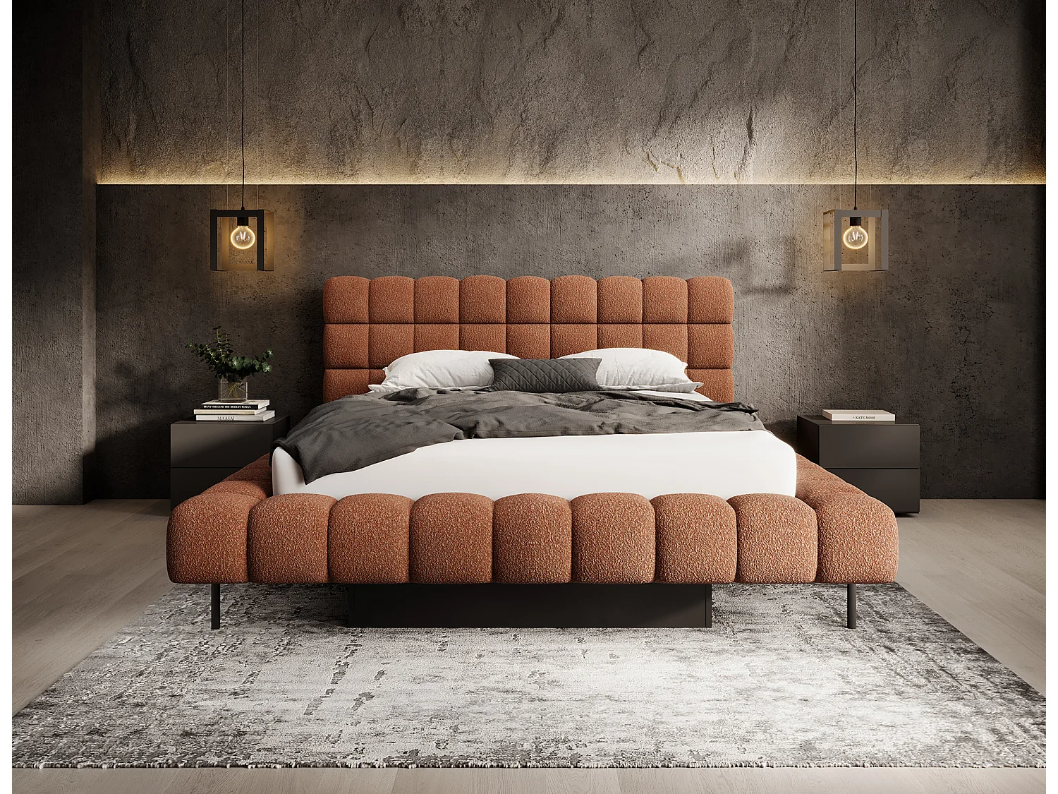 Bed met Kopa prestige opbergbox – Gewatteerde stoffen bekleding-Kleur Tomette rood-Slapen 180x200cm