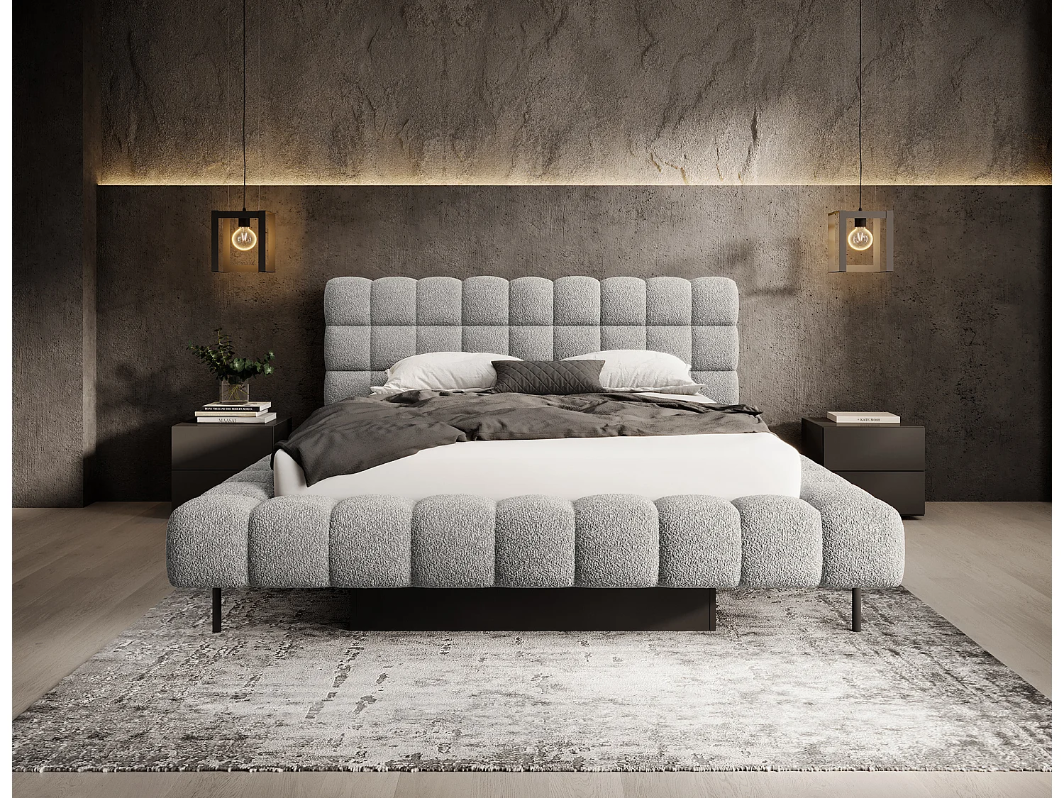 Bed met Kopa prestige opbergbox – Gewatteerde stoffen bekleding-Kleur Lichtgrijs-Slapen 160x200cm