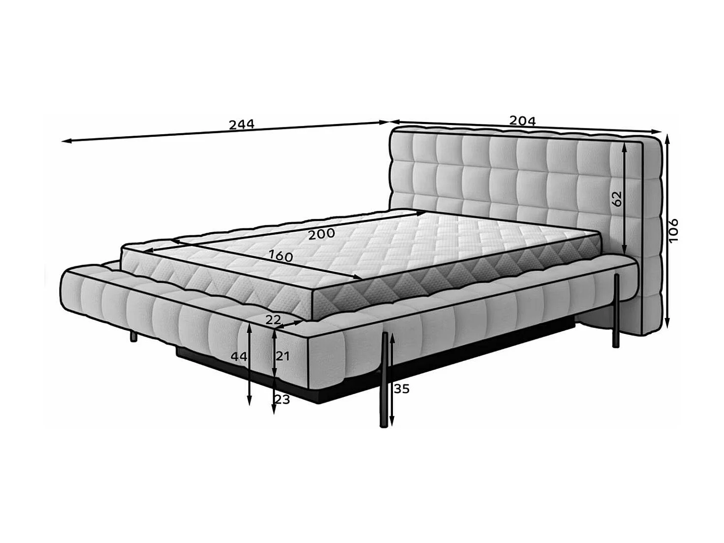 Bed met Kopa prestige opbergbox – Gewatteerde stoffen bekleding-Kleur Lichtgrijs-Slapen 160x200cm