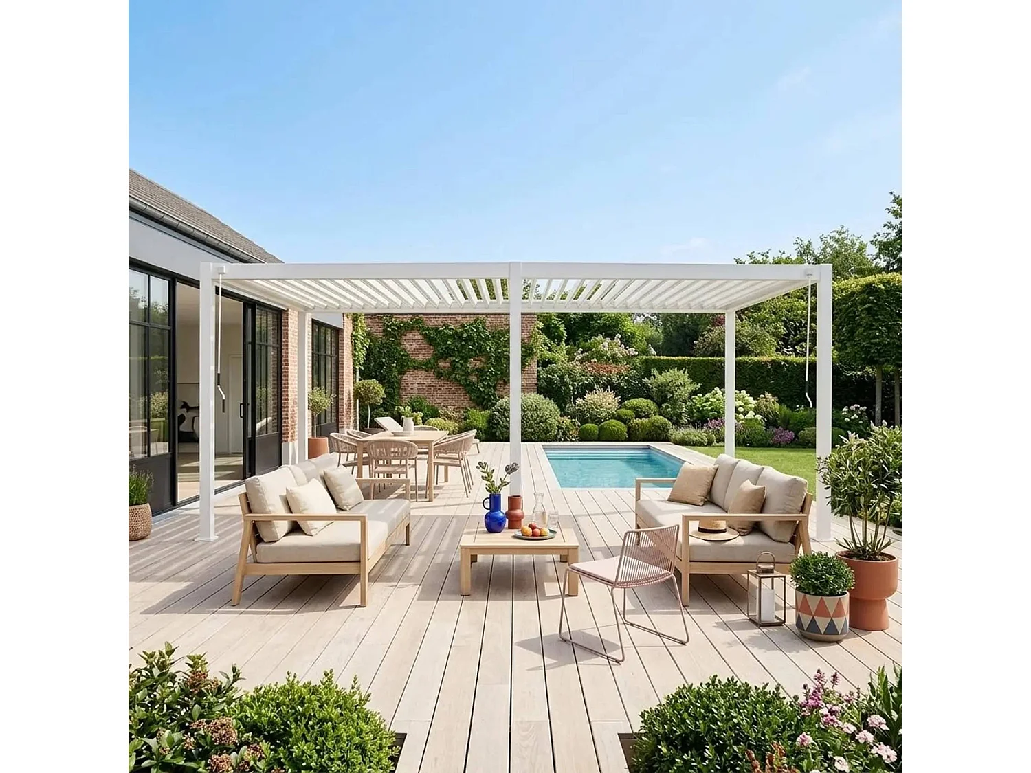 Pergola bioclimatica 3x6m in alluminio, lamelle orientabili, bianco