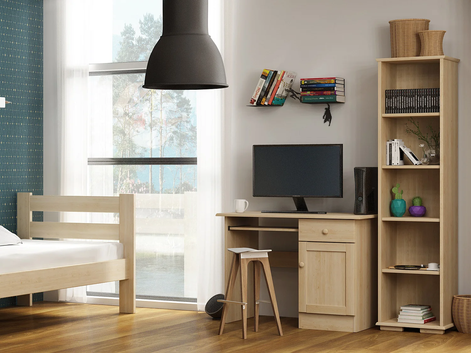 Bibliothèque moderne en bois I, couleur pin